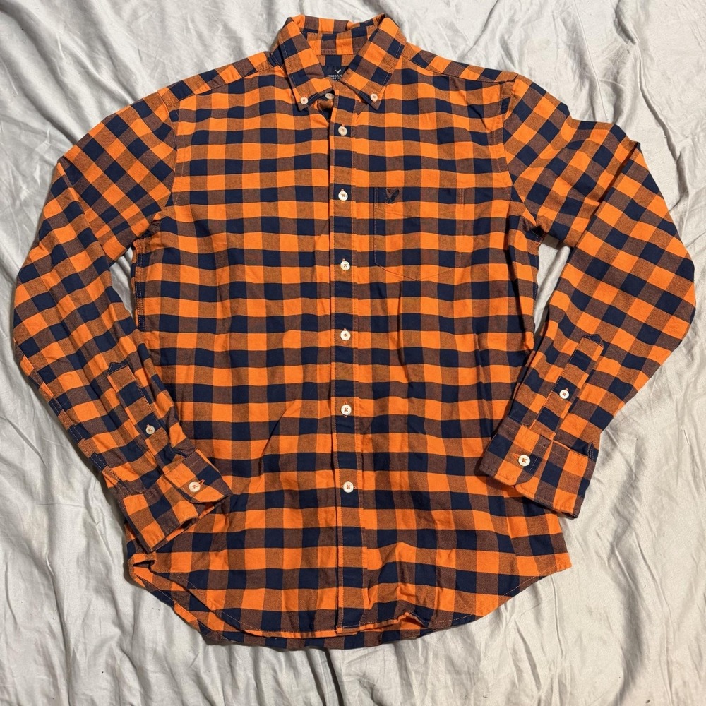 American Eagle Outfitters Button Up Shirt Mens XS Orange Plaid Long Sleeve
